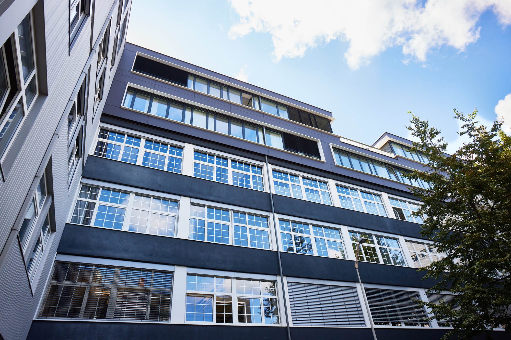 Eine Außenaufnahme des modernen Praxisgebäudes mit vielen großen Fenstern und einer dunkelblauen und weißen Fassade.